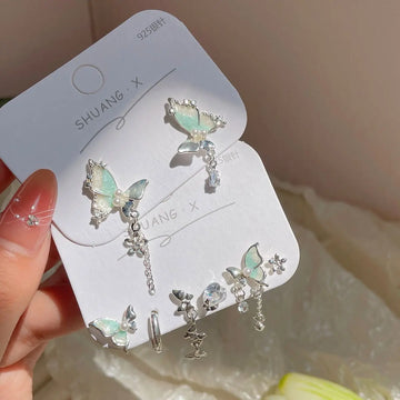 DAIIIBABYYY  -  Girls Sweet Summer Green Color Stud Earrings Set Butterfly Rhinestone Pearl Tassel Drop Earring Women Party Jewelry